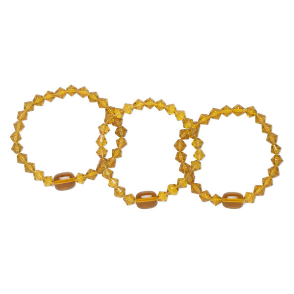 Bracelet, stretch, glass, golden yellow, 7-8 inches wearable length. Sold per pkg of 3. image number 0