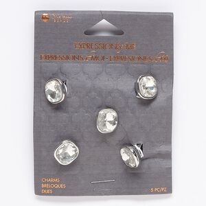 Slide, glass and silver-finished "pewter" (zinc-based alloy), clear, 12x9mm rounded faceted square with 6.5mm hole. Sold per pkg of 5.