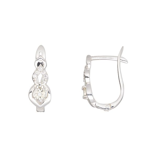 Earring, Create Compliments®, sterling silver and cubic zirconia, clear, 16x11mm leverback with hinged closure. Sold per pair. image number 0
