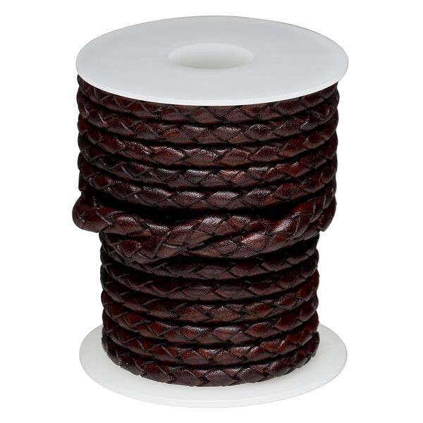 Cord, leather (dyed) 1pkg5yd, antique brown, 4mm braided round, per spool. image number 0