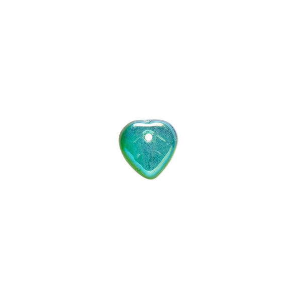 Bead, Czech pressed glass, emerald green AB, 9x8.5mm top-drilled leaf. Sold per 15-1/2" to 16" strand, approximately 140 beads. image number 0