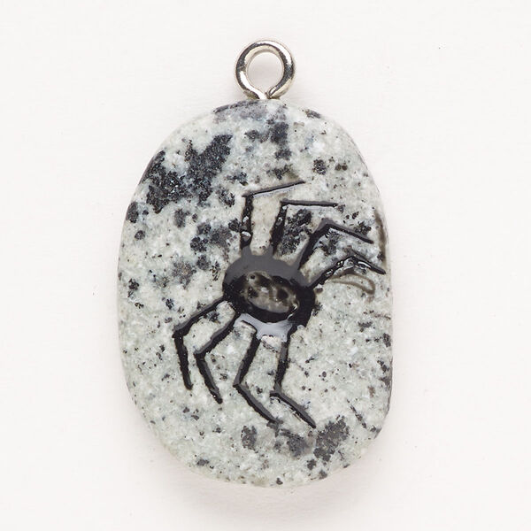 Focal, steel and sesame jasper (natural), pkg/1, silver finish and black, 30x24mm-39x27mm single-sided puffed freeform with spider, C grade. image number 0