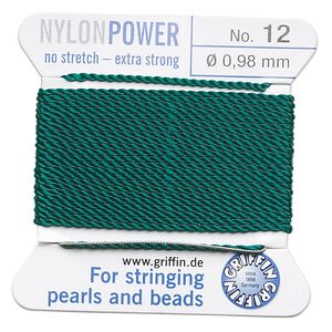 Thread, Griffin, nylon, green, size #12. Sold per 2-meter card (approximately 78 inches).