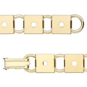 Bracelet component, gold-plated steel, (12) 10mm square link settings, 7 inches with fold-over clasp. Sold per pkg of 2.