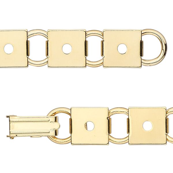 Bracelet component, gold-plated steel, (12) 10mm square link settings, 7 inches with fold-over clasp. Sold per pkg of 2. image number 0