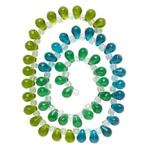 Bead, glass, transparent light green, green and teal, 8x6mm top-drilled teardrop with irregular rondelles. Sold per 14-inch strand.