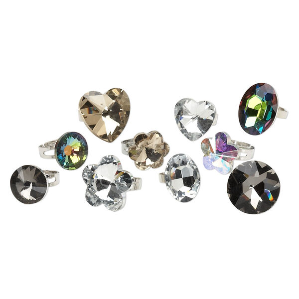 Ring mix, imitation rhodium-finished steel / glass / acrylic, multicolored, mixed size and shape, adjustable. Sold per pkg of 10. image number 0