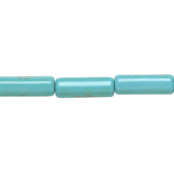 Bead, magnesite (dyed / stabilized), blue-green, 15x5mm round tube, C grade, Mohs hardness 3-1/2 to 4. Sold per 15-inch strand. image number 0