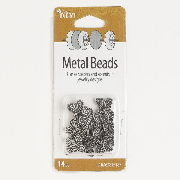 Bead 1pkg14, antique silver-finished "pewter" (zinc alloy), 15x11mm butterfly. image number 0