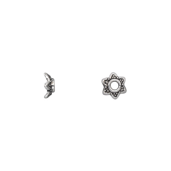 Bead cap, antique silver-plated "pewter" (zinc-based alloy), 7x3mm star, fits 6-8mm bead. Sold per pkg of 100. image number 0
