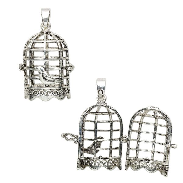 Focal, antique silver-finished brass, 30.5x21mm bead cage with bird cage design and safety latch, fits up to 18mm bead. Sold individually. image number 0