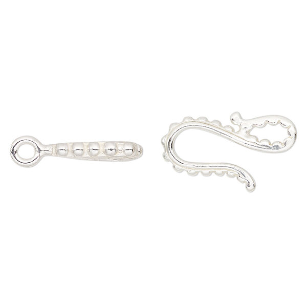 Clasp, JBB Findings, hook-and-eye, sterling silver, 32x11mm beaded. Sold individually. image number 0