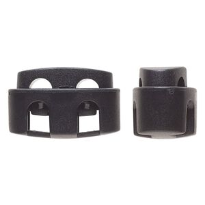 Cord lock, plastic and steel, black, 24 x 13.5 x 15mm flat oval with (2) holes. Sold per pkg of 10.
