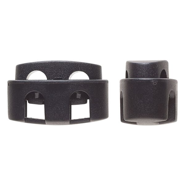 Cord lock, plastic and steel, black, 24 x 13.5 x 15mm flat oval with (2) holes. Sold per pkg of 10. image number 0