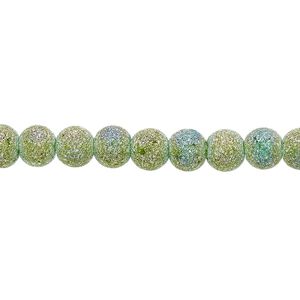 Bead, coated glass, opaque matte green AB, 5-6mm uneven round. Sold per 15-1/2" to 16" strand.