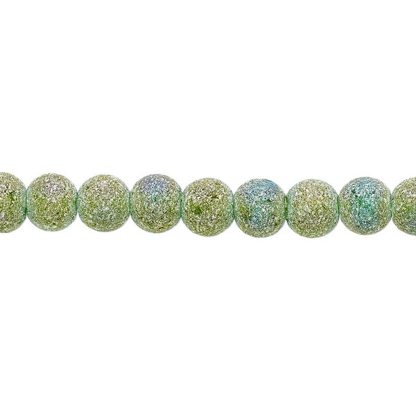 Bead, coated glass, opaque matte green AB, 5-6mm uneven round. Sold per 15-1/2" to 16" strand. image number 0