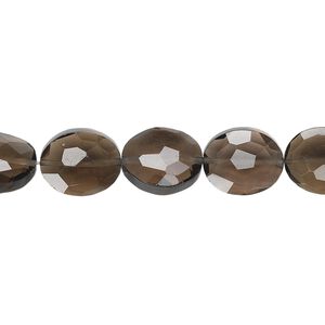 Smoky quartz 1pkg5, hand-cut faceted flat oval bead 11x9mm