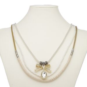 Necklace, 3-strand, glass / glass pearl / waxed cotton cord / gold-finished steel / gunmetal- / imitation rhodium-plated steel / "pewter" (zinc-based alloy), white and clear, 43x22mm bow and 21x16mm oval, 35-1/2 inches with 2-inch extender chain and lobster claw clasp. Sold individually.