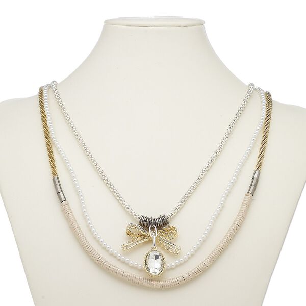 Necklace, 3-strand, glass / glass pearl / waxed cotton cord / gold-finished steel / gunmetal- / imitation rhodium-plated steel / "pewter" (zinc-based alloy), white and clear, 43x22mm bow and 21x16mm oval, 35-1/2 inches with 2-inch extender chain and lobster claw clasp. Sold individually. image number 0