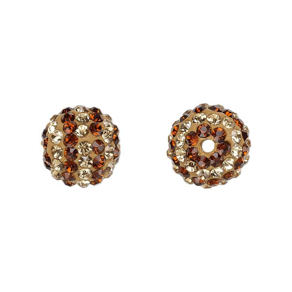 Bead, Egyptian glass rhinestone / epoxy / resin, brown and champagne, 12mm round with pavé striped design. Sold individually. image number 0