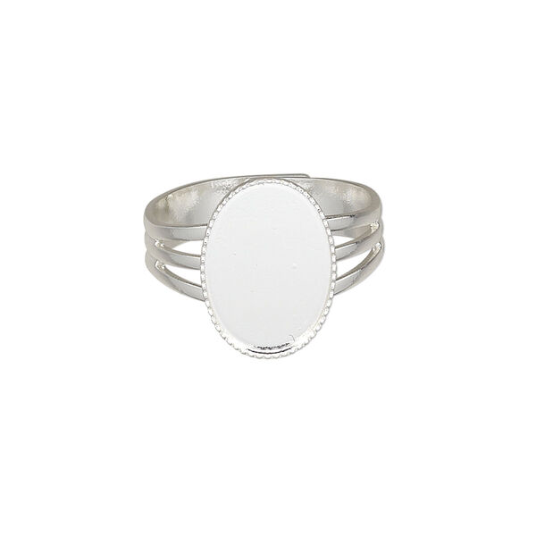 Ring, silver-plated brass, 15x11mm with 14x10mm oval setting, adjustable from size 7-8. Sold per pkg of 6. image number 0