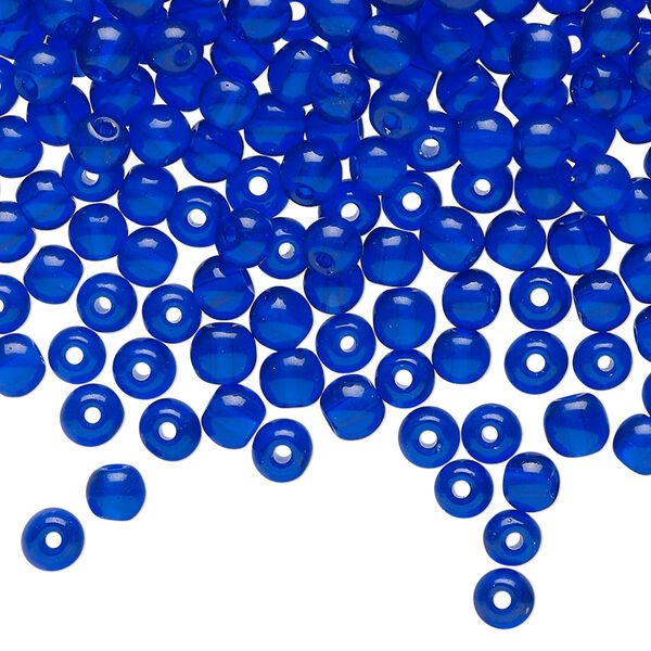Bead, glass, translucent dark cobalt blue, 4-5mm round. Sold per 2-ounce pkg, approximately 700 beads. image number 0