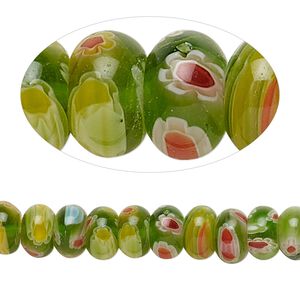 Bead, millefiori glass, translucent green / red / blue multicolored, 8x5mm rondelle. Sold per 15-inch strand, approximately 80 beads.