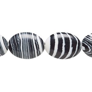 Bead, resin, black and white, 18x13mm flat oval. Sold per 15" to 16" strand.