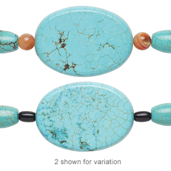Bead mix, "turquoise" (imitation) resin / red agate (dyed / heated) / glass, light blue / black / blue-green, 6mm round / 13x8mm barrel / 35x25mm flat oval. Sold per pkg of 7. image number 0