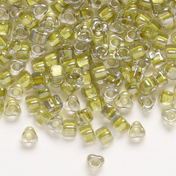 Seed bead, Miyuki, glass, transparent clear color-lined yellow green, (1125), #5 triangle. Sold per 250-gram pkg. image number 0