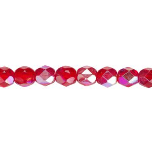 Bead, Czech fire-polished glass, translucent light red AB, 6mm faceted round. Sold per 15-1/2" to 16" strand.