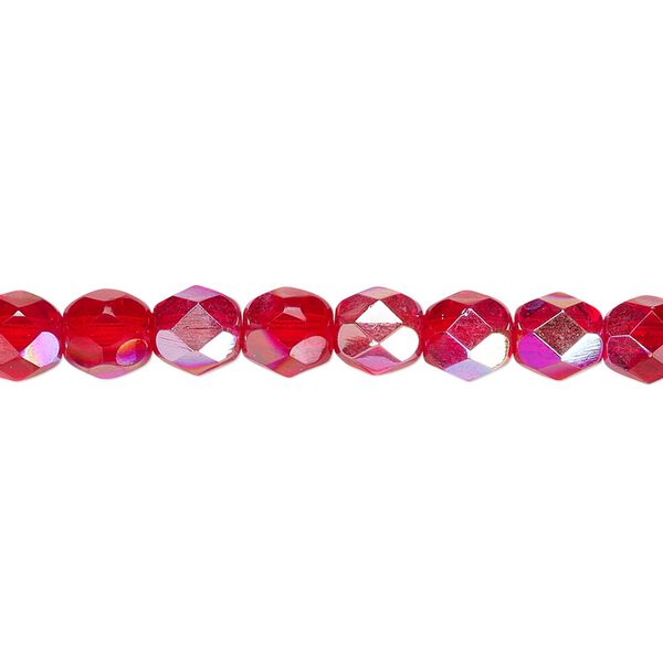 Bead, Czech fire-polished glass, translucent light red AB, 6mm faceted round. Sold per 15-1/2" to 16" strand. image number 0