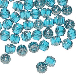 Czech pressed glass 1pkg60, cathedral bead translucent turquoise blue / metallic silver 6mm