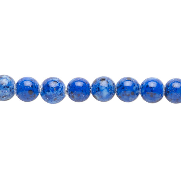 Bead, vintage German coated speckled glass, opaque blue and black, 6mm round. Sold per 15-1/2" to 16" strand. image number 0