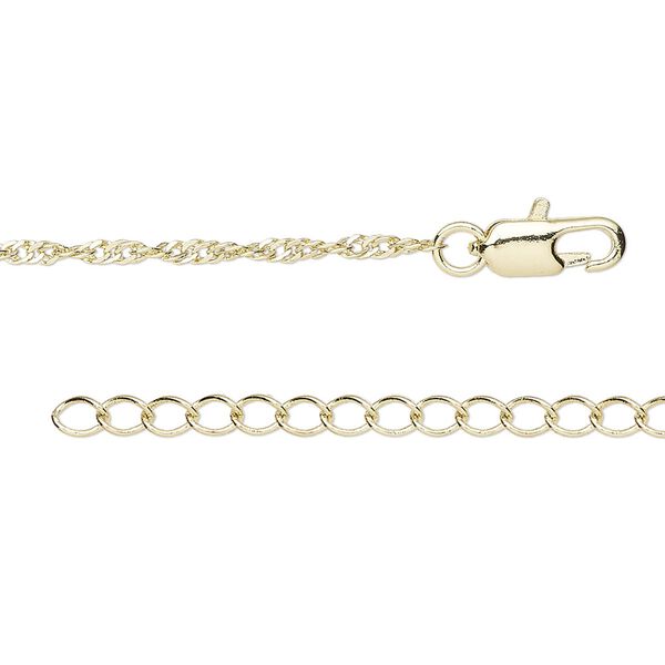 Chain, gold-finished brass, 2mm Singapore, 16 inches with 1 to 3 inches extender chain and lobster claw clasp. Sold individually. image number 0