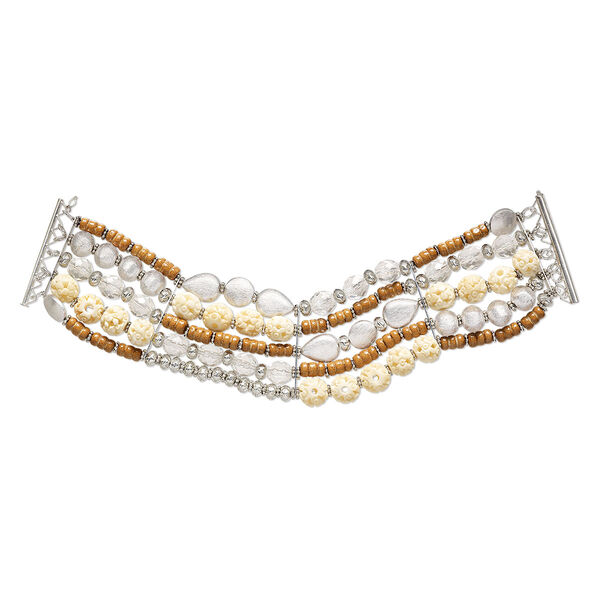 Bracelet, One of a Kind Jewelry, silver-plated brass / sterling silver / wood / bone (bleached) / crystal, clear, 8 inches. Only one available. image number 0