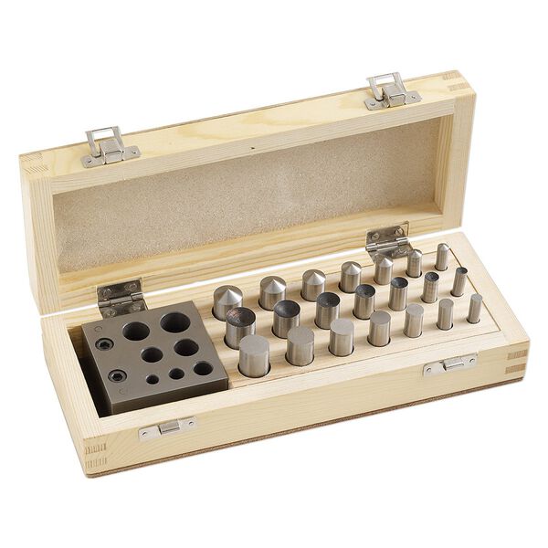 Disc cutter, steel and wood, pkg/22-piece set, 3x3x1-inch base for cutting 6-16mm round/conical/convex. image number 0