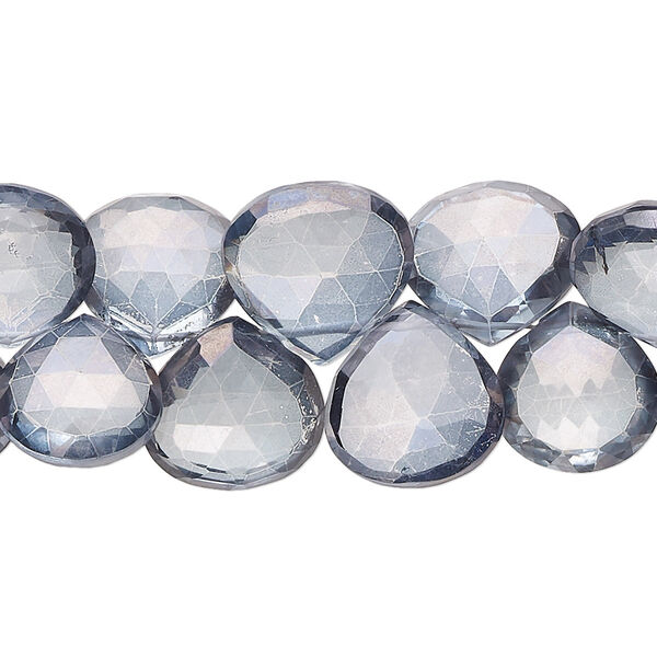 Bead, quartz crystal (coated), blue steel, 9-13mm hand-cut top-drilled faceted puffed teardrop, B grade, Mohs hardness 7. Sold per 7-inch strand, approximately 35 beads. image number 0