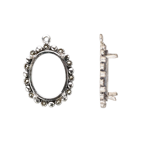 Drop, marcasite (natural) and sterling silver, 20x16mm oval with 16x12mm 4-prong oval setting. Sold individually. image number 0
