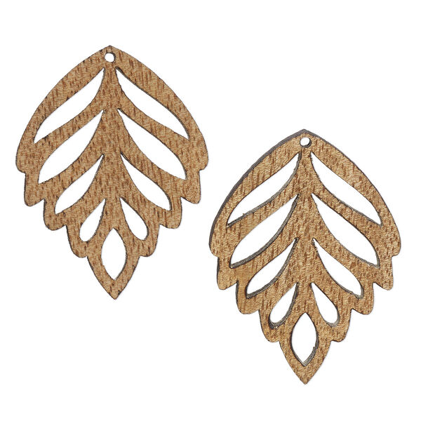 Focal, mango wood (coated), 50x37mm double-sided laser-cut leaf with cutouts. Sold per pkg of 2. image number 0
