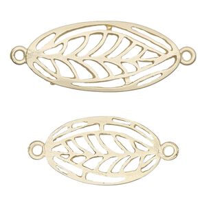 Focal and link, gold-finished "pewter" (zinc-based alloy), 25x15mm and 34x15mm matte oval with cutout leaf design. Sold per pkg of 8.