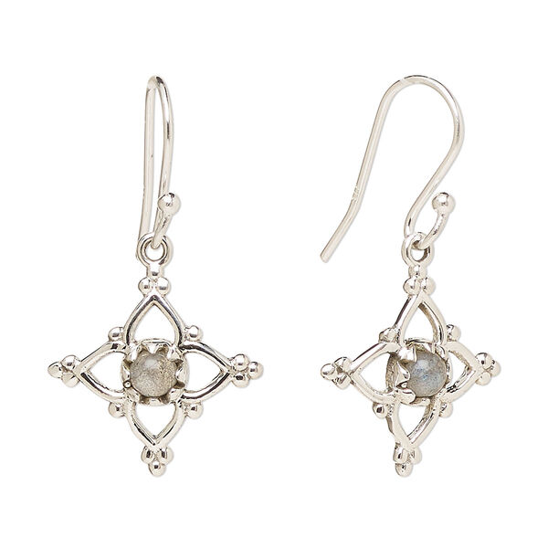 Ear wire, Create Compliments®, antiqued sterling silver and labradorite (natural), fishhook, 32mm with 17mm single-sided open beaded diamond, 21 gauge. Sold per pair. image number 0