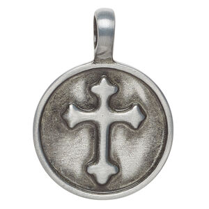 Pendant, Everyday Jewelry, antiqued "pewter" (zinc alloy) 1pkg1, 43x31mm 1sided round with cross.