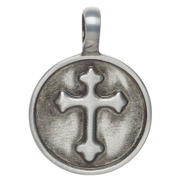 Pendant, Everyday Jewelry, antiqued "pewter" (zinc alloy) 1pkg1, 43x31mm 1sided round with cross. image number 0