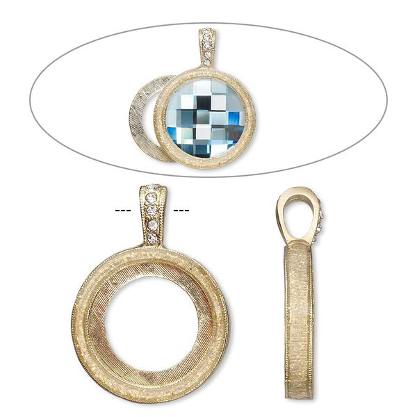 Pendant, Almost Instant Jewelry®, epoxy / crystals / gold-finished "pewter" (zinc-based alloy), crystal clear with glitter, 33x24mm single-sided with 20mm round setting. Sold individually. image number 0