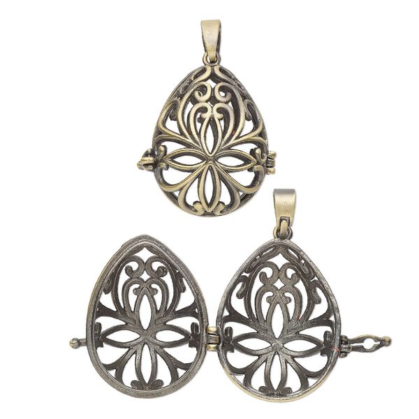 Focal, antique brass-finished brass, 30.5x22mm teardrop bead cage with cutout fancy design and safety latch, fits up to 18mm bead. Sold individually. image number 0