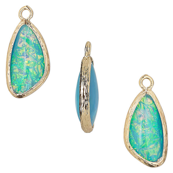 Drop, Opalized Ice™, "opal" (resin) and gold-finished brass, light blue, 19.5x11mm double-sided wing. Sold per pkg of 4. image number 0