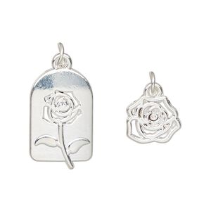 Charm, silver-finished "pewter" (zinc-based alloy) and steel, 21x13mm rose cutout design and 12x11mm single-sided rose. Sold per pkg of (2) 2-piece sets.