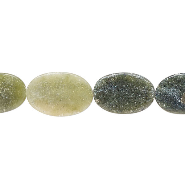 Bead, green serpentine (natural), 15x10mm-16x11mm flat oval, C- grade, Mohs hardness 2-1/2 to 6. Sold per 16-inch strand. image number 0