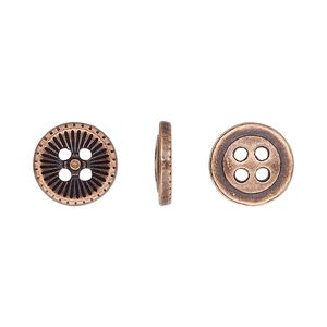 Button, antiqued copper-finished "pewter" (zinc-based alloy), 11.5mm single-sided corrugated round. Sold per pkg of 50.